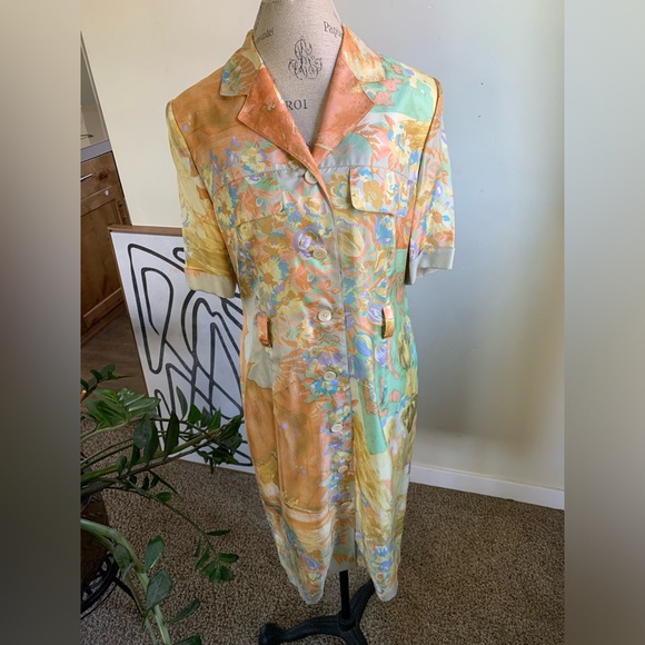 Vtg Louis Feraud 100% Silk Midi Dress Abstract Wearable Artsy sz 10 Belted Boho - Picture 3 of 16